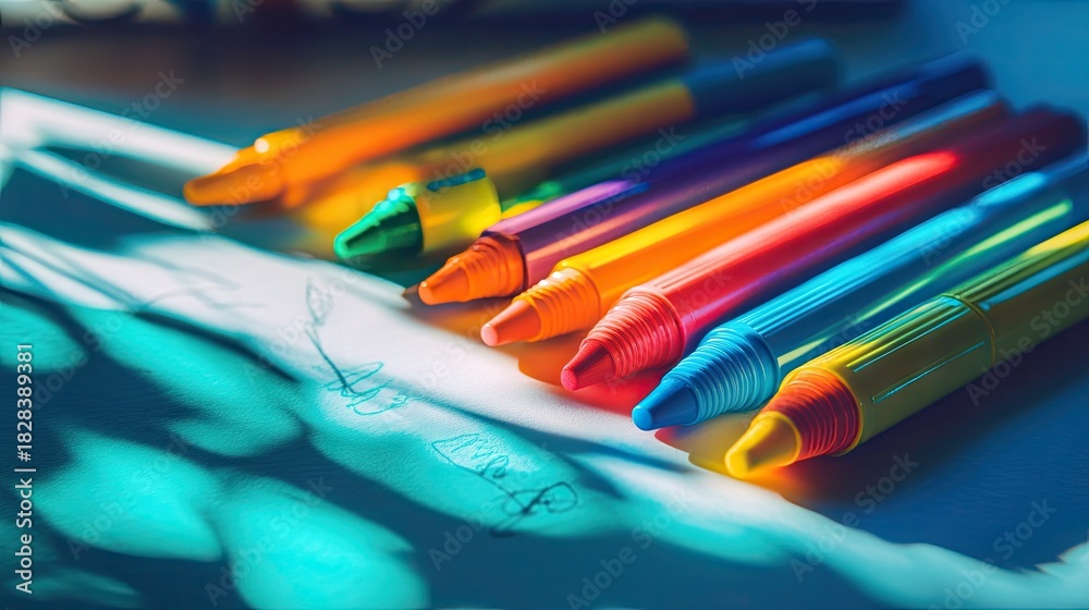Obraz premium Brightly Colored Markers Laying on Paper Under Natural Light with Shadows Creating Artistic Pattern
