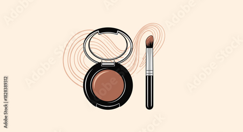 An illustration featuring an open compact with brown makeup powder and a matching brush, set against a soft, abstract background.