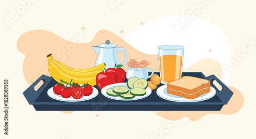 A colorful and healthy breakfast spread featuring fresh fruits, vegetables, toast, and juice served on a tray.