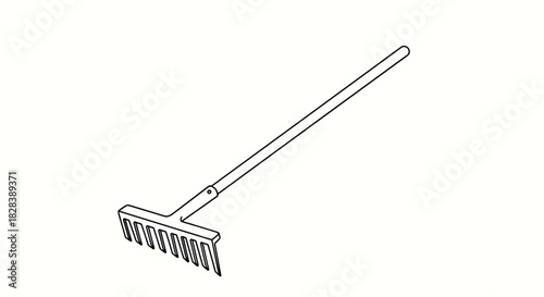 A minimalist black and white line drawing illustration of a garden rake, depicting its long handle and tined head for gardening.