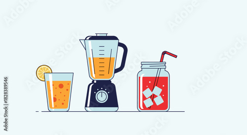 A vibrant illustration of orange juice, a blender, and a cold red drink with ice in a mason jar, representing fresh homemade beverages.