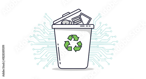Recycling bin full of electronic waste with circuit board elements, representing sustainable e-waste management and disposal.