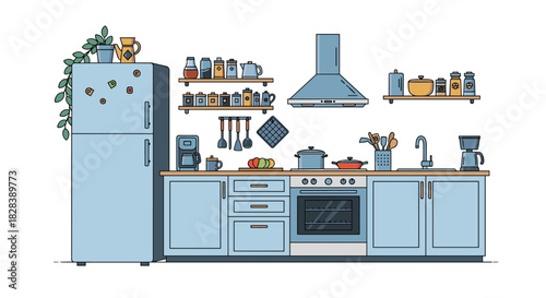 A tidy and well-equipped kitchen featuring light blue cabinetry, a refrigerator, oven, and various cooking essentials in a contemporary flat design.