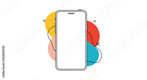 Minimalist line art illustration of a modern smartphone, framed by vibrant abstract colorful shapes and fluid lines, set against a clean white background.