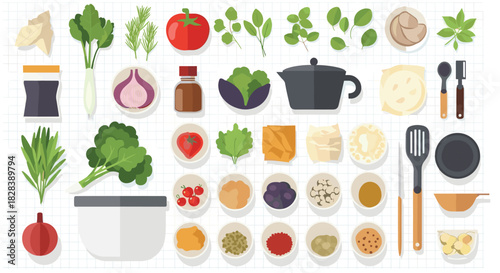 A comprehensive flat lay illustration of various fresh cooking ingredients, dried goods, spices, and essential kitchen tools for culinary preparation.