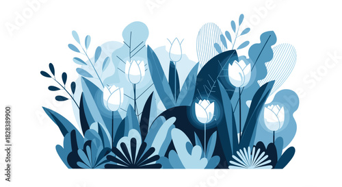 Serene blue and white floral illustration with white tulips nestled among various stylized leaves and plants.