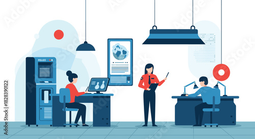 Police officers and administration staff working in a modern police station, analyzing data and managing operations.