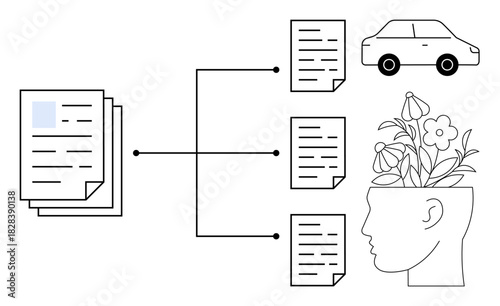 Documents split into categories with links connecting papers to a car and a head filled with blooming flowers. Ideal for organization, knowledge, data management, creativity, innovation, flowchart