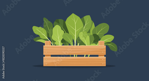 Freshly grown green leafy vegetables in a rustic wooden crate, illustrating healthy eating and sustainable gardening practices.