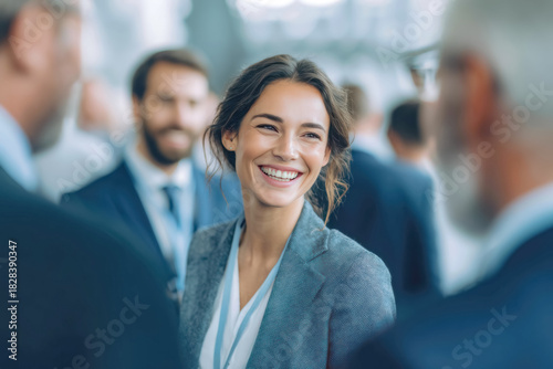 A business event exhibition shows businesspeople discussing with confident trusting expressions in a friendly setting.