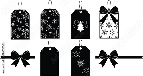 Christmas gift tag silhouette, festive ribbon icon, holiday bow vector, snowflake design, tree motif graphic, seasonal wrapping illustration, winter decor
