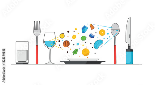 Modern illustration of a dining table setting with abstract, colorful food ingredients hovering over a plate, symbolizing healthy eating and nutrition.