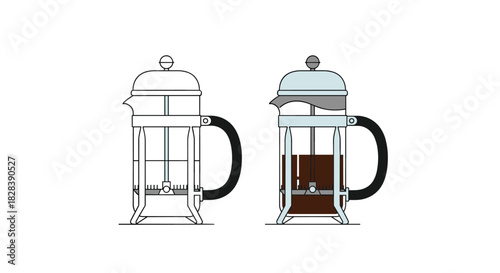 Two side-by-side vector illustrations of a french press coffee maker, one empty outline and one filled with brewed coffee.
