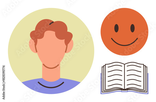 Portrait of an individual next to an open book and smiling face. Ideal for education, learning, personal growth, reading, emotional well-being, self-improvement, simple flat metaphor