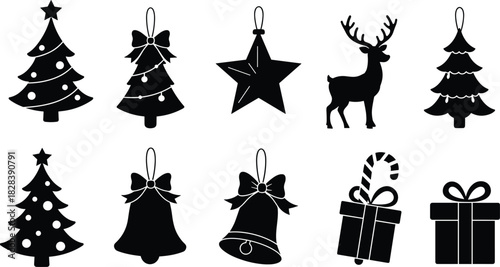 Christmas icon silhouette, festive tree vector, holiday bell graphic, reindeer ornament, gift box illustration, seasonal decor design, winter celebration symbol