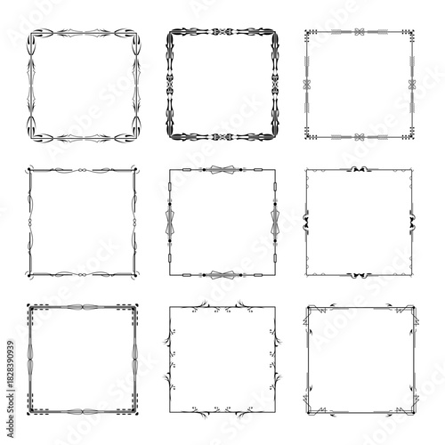 Set Black Simple Line Frame Collection Doodle Square Floral Frame Elements Vector Design Style Sketch Isolated Illustration For Banner
