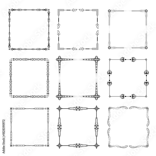Set Black Simple Line Frame Collection Doodle Square Floral Frame Elements Vector Design Style Sketch Isolated Illustration For Banner