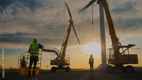 Engineers working on wind turbine construction at golden hour with sunlight workers wearing safety vest and helms