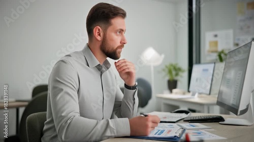 Focused Professional Man Analyzing Data at Desk Analyzing Charts and Computer Screen with Neutral Background and Bright Lighting
