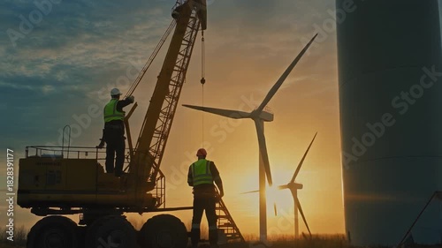 Engineers working on wind turbines in field during sunset with yellow machinery and golden hour lighting