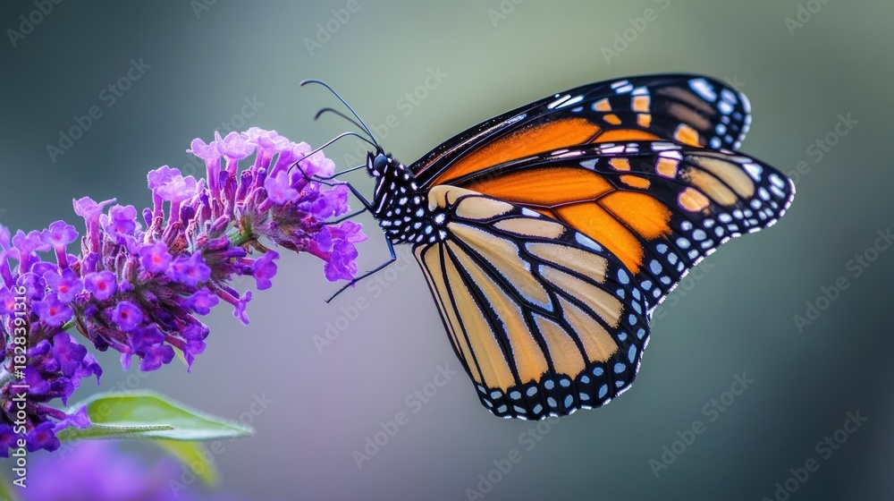Obraz premium Beautiful Monarch Butterfly Perched on Vibrant Purple Flower in Nature's Garden with Delicate Details and Soft Background Blur