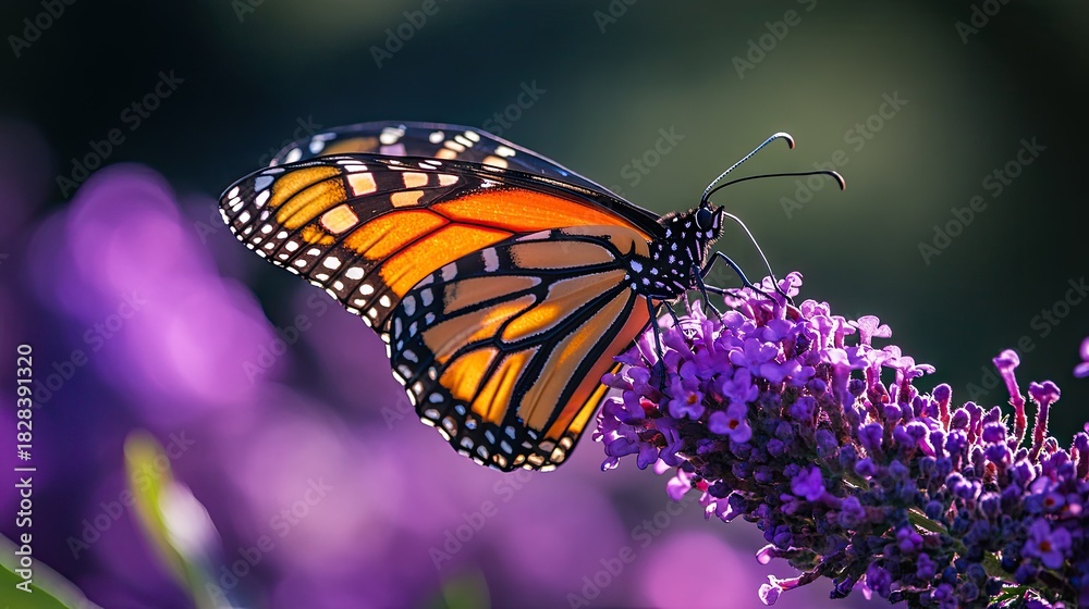 Fototapeta premium Colorful Monarch Butterfly Perched on Vibrant Purple Flower During Bright Sunny Day Showcasing Nature's Beauty and Delicate Details of Insect Wings