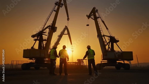 Silhouetted Construction Workers with Cranes against Sunset Sky