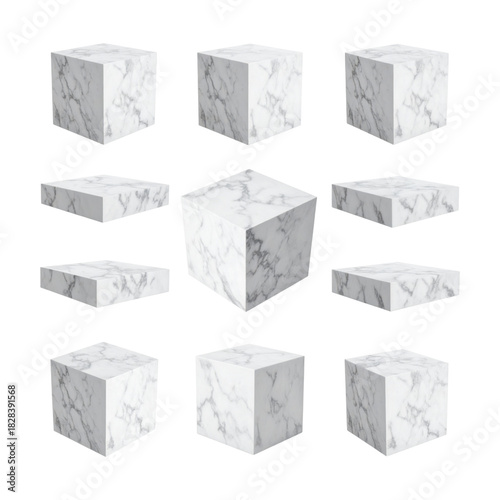 A collection of 3D cube podiums, white marble texture, isolated on transparent background, PNG