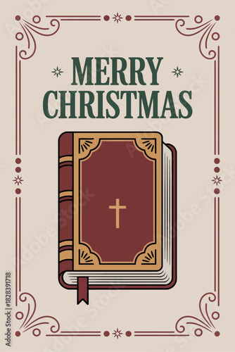 Merry Christmas with Illustrated Bible and Cross for Religious Holiday Greeting