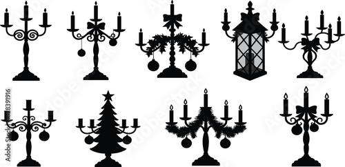 Christmas candelabra silhouette, festive candle holder icon, holiday lantern vector, ornate centerpiece graphic, garland decor, reindeer ornament, seasonal illustration