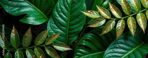 Opulent gold-spattered green tropical leaves bridal bouquet , rich, wedding decor, elegant