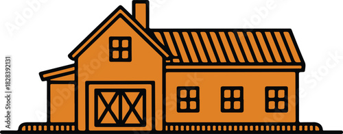 Orange vector icon of a rustic farm house and barn combination on a black background