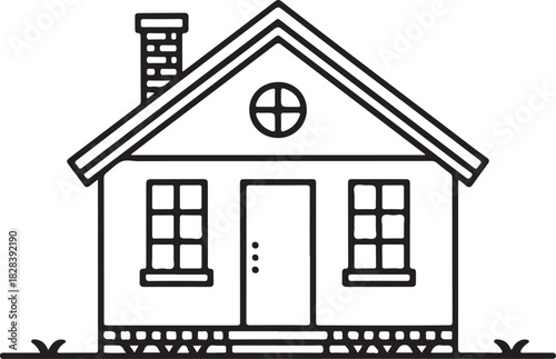 Outline vector icon of a traditional detached house with a chimney and two front windows, suitable for various property related applications