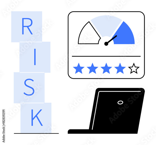 Risk assessment. Visualizing risk evaluation with a performance gauge, star rating system, and minimal design. Risk is central to decision-making, business evaluation, and management. Perfect