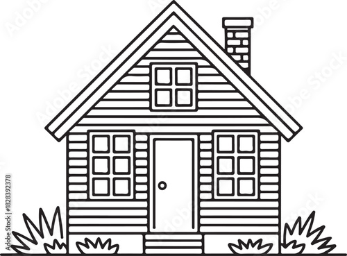 Small house vector outline illustration with a gabled roof chimney and multiple windows.
