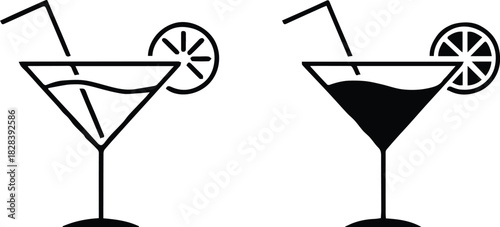 cocktail glass vector illustration two glasses with straw and slice