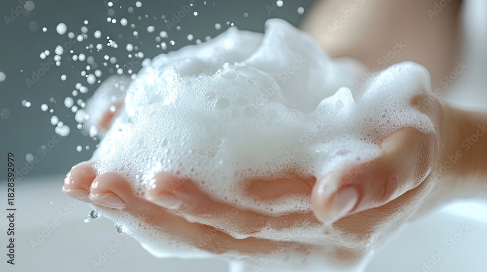 Fototapeta premium Close-up of Human Hands Holding Thick Foam Soap Bubbles Against a Soft-focus Background for Cleaning and Hygiene Concept