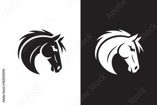 horse mirrored head silhouette black white vector logo emblem crest id