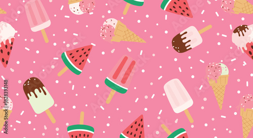 Sweet summer vibes with a cute ice cream pattern that's perfect for textile design and fun backgrounds, it's a delightful treat for the eyes
