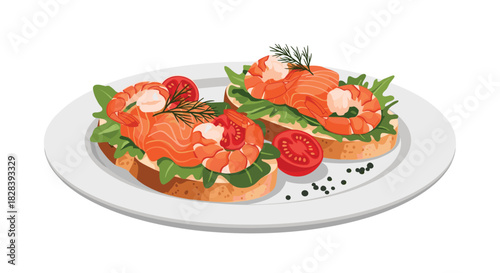 Delicious shrimp and salmon open-faced sandwiches on a plate garnished with fresh tomatoes and dill for a healthy appetizing meal