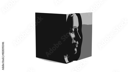 Three dimensional render profile portrait young woman emerging from darkness black square cube mystery