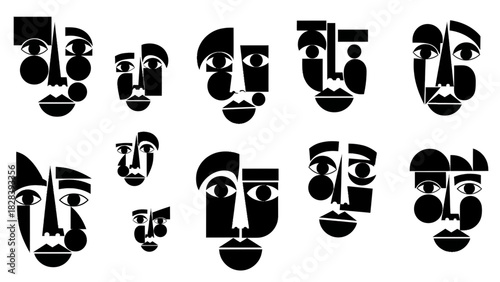 Minimalist abstract cubist geometric human faces collection expressing various feelings and personalities