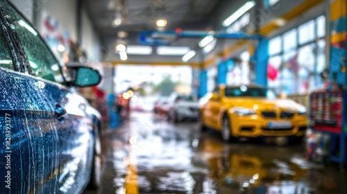 Wallpaper Mural Car Cleaning Scene Inside a Garage With Reflections on a Wet Table and Central Space for Spray Packaging Torontodigital.ca