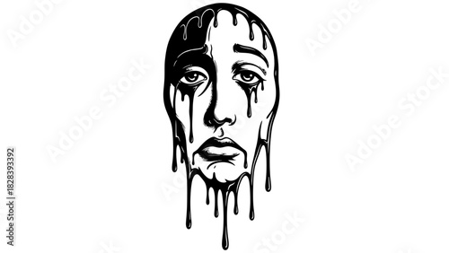 A distressed portrait illustration featuring a human face with thick black liquid tears dripping down