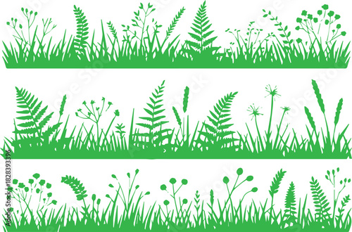 grass botanical silhouette triptych with fern dandelion stems