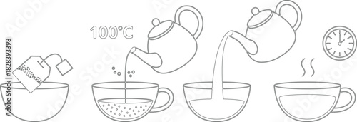 Tea Brewing Process Illustrated Teapot Pouring Hot Water into Cup with Tea Bag and Clock