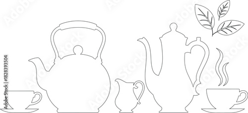 Tea Time Outline Teapots, Creamer, Tea Cups, Tea Leaves, and Steam Silhouette Illustration