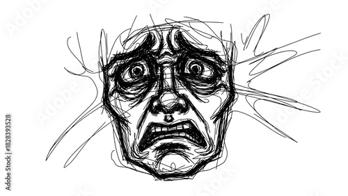 Distressed anxious face abstract sketch illustration showing extreme worry and panic attack