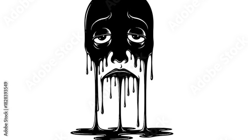 Melting black liquid face illustration representing sadness despair or identity loss