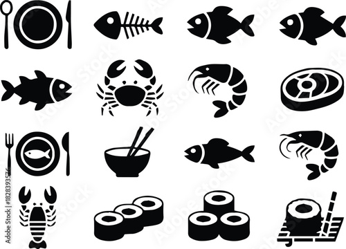 seafood menu icons vector sushi nigiri maki rolls chopsticks plate